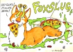 ambiguous_gender feral food pizza simple_background slime solo tail text what white_background bushycat foxslug canid canine fox gastropod hybrid mammal mollusk slug 2007 character_badge_(artwork) english_text