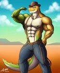 abs absurd_res alkan anthro big_pecs bottomwear clothed clothing cowboy_hat crocodile crocodilian crocodylid denim denim_bottomwear denim_clothing glitch_productions green_body gummigoo_(tadc) hat headgear headwear hi_res jeans male multicolored_body muscular muscular_anthro muscular_male navel nipples pants pecs reptile scalie solo suspenders suspenders_on_nipples the_amazing_digital_circus topless topless_anthro topless_male white_body white_eyes yellow_body
