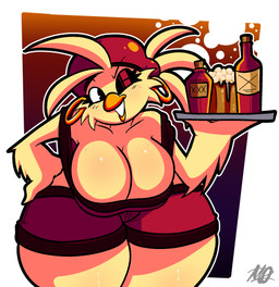 abstract_background alcohol anthro beer beverage big_breasts black_bottomwear black_clothing black_eyebrows black_shirt black_shorts black_topwear bottle bottomwear breasts cleavage clothed clothed_anthro clothed_female clothing container cork cup ear_piercing ear_ring eyebrows eyelashes feathers female female_anthro front_view glistening glistening_breasts glistening_thighs hat head_tilt headgear headwear holding_platter hoop_ear_ring huge_hips huge_thighs leaning leaning_forward looking_at_viewer mug multicolored_bottomwear multicolored_clothing multicolored_shirt multicolored_shorts multicolored_topwear non-mammal_breasts one_eye_closed outline piercing platter red_bottomwear red_clothing red_hat red_headwear red_shirt red_shorts red_topwear ring_piercing shirt shorts smile smiling_at_viewer solo standing thick_eyelashes thick_thighs topwear two_tone_bottomwear two_tone_clothing two_tone_shirt two_tone_shorts two_tone_topwear waiter white_outline wide_hips wink winking_at_viewer yellow_body yellow_feathers meryo five_nights_at_frickbear's_(series) five_nights_at_frickbear's_3 tipsy_bird avian bird chicken galliform phasianid 2026 hi_res portrait signature three-quarter_portrait