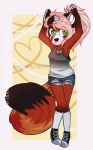 ailurid anthro clothed clothing female fur hair honesty_(artist) mammal red_panda simple_background solo standing watermark