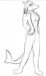 anthro clothed clothing female hair simple_background smile solo helium2 fierywitherrose nova_whitesail fish marine shark 2016 monochrome