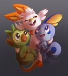 ambiguous_gender fire grass group plant simple_background starter_trio trio water xoxobellatrix nintendo pokemon generation_8_pokemon grookey lagomorph mammal pokemon_(species) primate reptile scalie scorbunny sobble 2019 digital_media_(artwork)