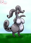 antennae_(anatomy) belly big_belly big_breasts big_eyes black_eyes breasts busty_feral female feral grey_body grey_skin huge_breasts open_mouth simple_background solo thick_thighs wide_hips god-ale nintendo pokemon kitamanchas generation_6_pokemon goodra humanoid pokemon_(species) hi_res