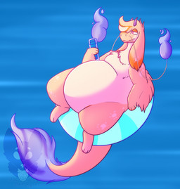 2_horns ambiguous_anthro ambiguous_gender anthro belly beverage biped colored_fire dipstick_ears ear_markings fire floating floppy_ears fur hair holding_beverage holding_object horn inflatable inner_tube multicolored_ears orange_body orange_fur orange_hair overweight overweight_ambiguous overweight_anthro paws pink_horn purple_fire purple_tuft solo summer tail tail_tuft tuft water strawberrymilkdog mythology daiquiri_(strawberrymilkdog) dragon furred_dragon furred_scalie mythological_creature mythological_scalie scalie 2021 colored hi_res shaded watermark nonbinary_(lore)