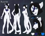 anthro black_hair black_nose blue_eyes butt featureless_crotch female fur hair hand_on_hip hands_behind_back pawpads paws slim smile solo white_body white_fur satsukii alestra domestic_cat felid feline felis mammal digital_media_(artwork) hi_res model_sheet watermark