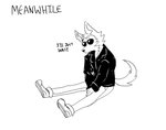 2020 absurd_res anthro beastars biped canid canine canis clothed clothing comic english_text eyewear hi_res humor jacket leather leather_clothing leather_jacket leather_topwear legoshi_(beastars) male mammal monochrome plantigrade prick_ears rexludo simple_background sitting solo sunglasses text topwear white_background wolf