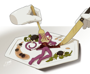 5_toes anthro bisected blood blush bodily_fluids cutlery disembodied_hand feet fingers flaccid food fork genitals gore gore_focus guts holding_fork holding_knife holding_object humanoid_feet humanoid_genitalia humanoid_penis imminent_death intestines kitchen_utensils knife male micro nude open_mouth organs penis plantigrade plate simple_background solo toes tools toodamncycle sega sonic_the_hedgehog_(series) espio_the_chameleon chameleon lizard reptile scalie absurd_res digital_media_(artwork) hi_res