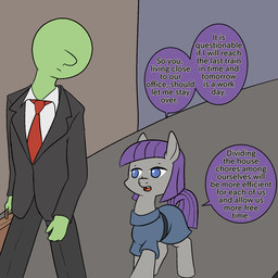 blue_eyes briefcase clothing detailed_background duo female feral frock fur green_body green_skin grey_body grey_fur hair looking_down male necktie no_pupils open_mouth ponification propositioning purple_hair suit text toony walking happy_harvey friendship_is_magic hasbro my_little_pony anon maud_pie_(mlp) earth_pony equid equine horse human mammal pony 1:1 english_text hi_res