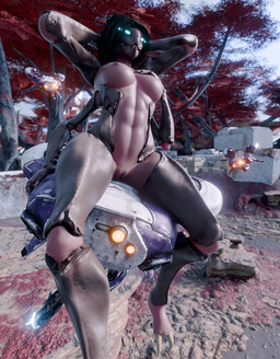 4_arms 4_eyes abs black_hair blue_eyes breasts brown_body brown_exoskeleton exoskeleton female genitals hair hand_on_breast hands_behind_head machine multi_arm multi_eye multi_limb nipples nude outside plant sharp_teeth sitting solo teeth tree vulva juanratman pickle_juice_(modeler) bungie destiny_(series) alien arthropod eliksni 3d_(artwork) absurd_res digital_media_(artwork) hi_res