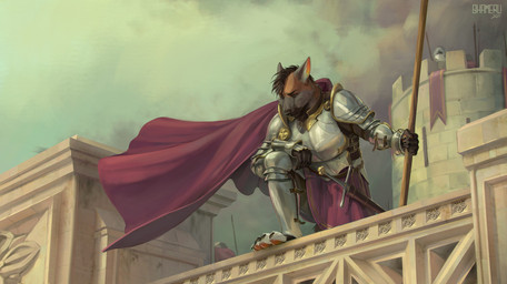 anthro armor brown_body brown_fur castle claws cloak clothing fur gauntlets gloves greaves hair handwear looking_down male melee_weapon parapet pauldron pawpads paws plate_armor purple_cloak purple_clothing scabbard solo step_pose sword toe_claws weapon shamerli ritter_(krazykit) canid canine canis domestic_dog german_shepherd herding_dog mammal pastoral_dog 2021 digital_media_(artwork) signature