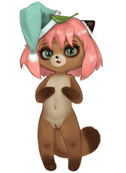 alternate_species anthro belly biped breasts brown_arms brown_face brown_feet brown_hands brown_legs brown_tail brown_tail_tip chibi clothing countershade_crotch countershade_face countershade_fur countershade_torso countershading covering covering_breasts covering_chest dipstick_tail eye_markings feet female fur furrification genitals gloves_(marking) green_eyes hair hat headgear headwear knock-kneed leaf leaf_on_head leg_markings markings mitten_hands monotone_background navel nightcap nude open_mouth pink_hair pink_vulva simple_background socks_(marking) solo standing tail tail_markings tan_belly tan_chest tan_muzzle vulva white_background young young_anthro young_female chisanakei spy_x_family anya_forger canid canine mammal raccoon_dog tanuki colored digital_media_(artwork) full-length_portrait hi_res portrait shaded soft_shading