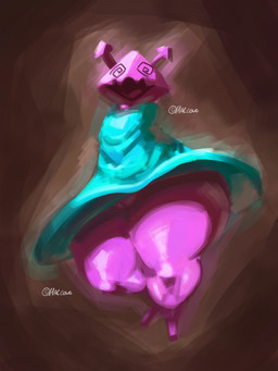 anthro blue_clothing bottom_heavy brown_background clothed clothing female front_view genitals looking_at_viewer no_underwear open_mouth pink_body plump_labia simple_background solo spiral spiral_eyes thick_thighs vulva wide_hips halco_(artist) deltarune undertale_(series) computer_virus_(species) darkner virovirokun 3:4 hi_res