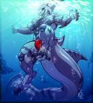 4_toes 5_fingers abs anthro arm_fins biceps big_muscles big_tail biped blue_body blue_eyes blue_skin blue_theme bubble bulge cel_shading claws clothed clothing digital_media_(artwork) digitigrade fangs feet fin fingers fish gills head_fin hi_res huge_muscles humanoid_hands light looking_down low-angle_view male marine muscular muscular_anthro muscular_male neodokuro obliques open_mouth open_smile paws pecs scar shaded shark smile snout solo speedo sunlight swimwear tail tail_fin tail_muscles teeth thick_tail toe_claws toes topless triceps underwater water
