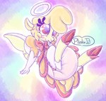 anthro big_diaper blush clean_diaper clothed clothing diaper female fur hair halo simple_background smile solo text wearing_diaper wings plinkiepoi helluva_boss keenie_(helluva_boss) angel bovid caprine cherub mammal sheep absurd_res digital_media_(artwork) english_text hi_res