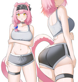 accessory blush bottomwear bra breasts butt clothing female front_view hair hair_accessory hairclip looking_at_viewer navel pink_hair shorts simple_background solo sports_bra tail underwear white_background spamham arknights hypergryph studio_montagne goldenglow_(arknights) animal_humanoid cat_humanoid felid felid_humanoid feline feline_humanoid humanoid mammal mammal_humanoid 2026 absurd_res digital_media_(artwork) hi_res