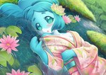 accessory anthro asian_clothing blue_body blue_hair blue_skin blush breasts clothed clothing east_asian_clothing female flipper_hands flower flower_in_hair grass green_eyes hair hair_accessory japanese_clothing kemono kimono long_hair looking_at_viewer lotus_(flower) no_sclera partially_submerged plant snout solo water nagoshinikake brand_new_animal studio_trigger nina_flip cetacean dolphin mammal marine oceanic_dolphin toothed_whale 2021