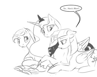 book feathered_wings feathers female feral fur group hair horn male text wings silfoe friendship_is_magic hasbro my_little_pony mythology night_light_(mlp) princess_luna_(mlp) twilight_sparkle_(mlp) equid equine mammal mythological_creature mythological_equine unicorn winged_unicorn 2015 5:4 black_and_white english_text hi_res monochrome