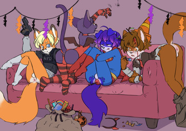 anthro anus backsack balls blonde_hair blue_body blue_eyes blue_fur brown_body brown_fur brown_hair butt countershade_face countershade_fur countershading floppy_ears fur genitals group hair holidays male orange_body orange_fur shota tail young young_anthro young_male nononge halloween fusion_(fusionxglave) purple_cat_(nononge) stripes_(stripes-the-raccoon) tycloud arachnid arthropod canid canine domestic_cat felid feline felis fox mammal spider absurd_res hi_res