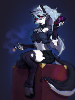 anthro bangs black_bottomwear black_clothing black_gloves black_handwear black_legwear black_nails black_nose black_shorts black_thigh_highs blue_background bottomwear breasts cellphone cigarette clothed clothing collar colored_nails digitigrade ear_piercing electronics eyelashes female female_anthro fingerless_gloves fluffy fluffy_tail front_view fur gloves grey_body grey_clothing grey_fur grey_hair grey_topwear hair handwear holding_cigarette holding_object holding_phone legwear long_hair looking_at_viewer nails phone piercing pose red_sclera shorts simple_background sitting smartphone smoke solo spiked_collar spikes tail thick_thighs thigh_highs topwear torn_thigh_highs white_body white_eyes white_fur wide_hips inugatami hellaverse helluva_boss mythology loona_(helluva_boss) canid canid_demon canine demon hellhound mammal mythological_canine mythological_creature 3:4 colored digital_drawing_(artwork) digital_media_(artwork) full-length_portrait hi_res portrait