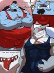 anthro belly big_belly blue_body bulge dialogue duo humanoid_hands male musclegut muscular muscular_male navel overweight overweight_male scar text tongue tongue_out wrestling_singlet friendly_unit93 one_piece jinbe fish fish-men_(one_piece) marine shark 2022 absurd_res english_text hi_res