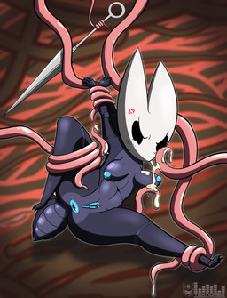 angry anthro anus arthropod_abdomen arthropod_abdomen_genitalia black_body breasts clitoris cross-popping_vein female genitals nipples restrained restrained_arms restrained_by_tentacles sex solo tentacle_sex tentacles vulva teknomekanoid hollow_knight_(franchise) team_cherry hornet_(hollow_knight) arthropod absurd_res hi_res