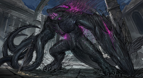 black_goo claws corruption detailed_background dripping feral goo-connected_lips goo_drip horn male melee_weapon solo standing sword tentacles toe_claws weapon themefinland goo_creature 2020 digital_media_(artwork) hi_res