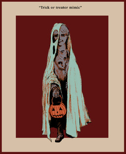 ambiguous_gender border clothed clothing costume ghost_costume hair halloween_bucket halloween_costume holidays horror_(theme) jack-o'-lantern lips not_furry red_border simple_background smile solo standing text trick-or-treating plastiboo halloween humanoid mimic digital_media_(artwork) english_text hi_res sketch