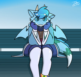 anthro blue_body blue_eyes cloak clothing head_on_hands male short_tail sitting solo tail wings prate-dragon mythology huff_(prate) dragon mythological_creature mythological_scalie scalie hi_res