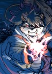 anthro energy_ball eyebrows fur glowing grey_body grey_fur hair long_hair male musclegut muscular overweight overweight_male ponytail scar solo thick_eyebrows inuiookawa lifewonders tokyo_afterschool_summoners shino_(tas) canid canine canis domestic_dog mammal hi_res