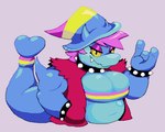 4_fingers anthro big_breasts blue_tail bracelet breasts cleavage clothed clothed_anthro clothed_female clothing collar devil_horns_(gesture) female female_anthro fingers gesture glistening glistening_hair hair hand_gesture hand_in_pocket hat headgear headwear horn jewelry lgbt_pride looking_at_viewer mouth_closed muscular muscular_anthro muscular_female navel non-mammal_breasts overweight overweight_anthro overweight_female pansexual_pride_colors pink_hair pockets pride_colors red_clothing red_topwear red_vest simple_background smile snaggle_tooth solo spiked_bracelet spiked_collar spikes tail topwear vest yellow_sclera fizlok dee_(sharb) fish marine shark 2024 absurd_res digital_drawing_(artwork) digital_media_(artwork) hi_res
