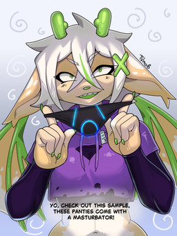 anthro black_clothing black_panties black_underwear blush blush_lines clothing colored_nails eyebrows female glowing green_eyes green_horn green_nails green_nose hair holding_clothing holding_object holding_panties holding_underwear horn long_ears looking_at_viewer markings multicolored_body nails navel panties purple_clothing simple_background smile solo text torn_clothing underwear white_eyebrows white_hair wings tvmob mythology panties_trend vicky_(tvmob) dragon mythological_creature mythological_scalie scalie absurd_res english_text hi_res