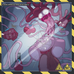 against_surface bodily_fluids containment containment_cell drooling explicit_source glass glowing glowing_eyes grin gynomorph intersex on_glass saliva smile text tongue sanyo2100 mob_entertainment poppy_playtime mommy_long_legs 1:1 absurd_res english_text hi_res