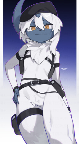 4_fingers ambiguous_gender anthro biped clothing fingers front_view fur hair harness hat headgear headwear horn looking_at_viewer simple_background smile solo standing white_body white_fur white_hair yellow_eyes kaltespur nintendo pokemon absol generation_3_pokemon pokemon_(species) 2025 absurd_res digital_drawing_(artwork) digital_media_(artwork) hi_res