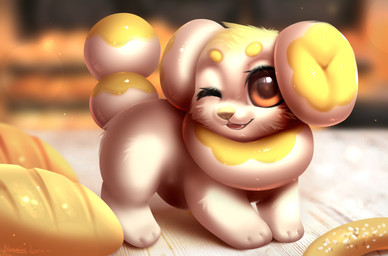 all_fours ambiguous_gender blurred_background bread brown_eyes detailed_background feral food furniture looking_at_viewer on_table one_eye_closed open_mouth solo standing table white_body bloominglynx nintendo pokemon fidough food_creature generation_9_pokemon pokemon_(species) 2022 digital_media_(artwork) digital_painting_(artwork) hi_res painting_(artwork) shaded