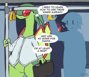 after_transformation blush bottomless claws clothed clothed_feral clothing cross-popping_vein female feral finger_claws gender_transformation green_body long_neck male no_underwear permanent_transformation public red_eyes subway text transformation nulloffset nintendo pokemon rayne_(nulloffset) flygon generation_3_pokemon pokemon_(species) english_text hi_res