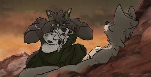 anthro armband clothing crouching duo jewelry male necklace toga wristband renly far_beyond_the_world_(series) think_mark_think! ranok_(far_beyond_the_world) varok_(far_beyond_the_world) canid canine canis mammal wolf hi_res meme