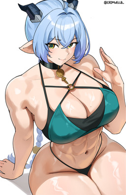 abs big_breasts bikini blue_hair bodily_fluids braided_hair breasts clothing female hair horn nipple_outline simple_background sitting solo sweat swimwear two-piece_swimsuit white_background cromwellb mihoyo zenless_zone_zero lucia_elowen animal_humanoid bovid bovid_humanoid caprine caprine_humanoid goat_humanoid humanoid mammal mammal_humanoid 2025 absurd_res hi_res