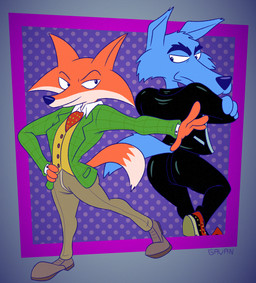 abstract_background annoyed anthro ascot blue_body blue_fur boots bottomwear clothing dipstick_tail duo footwear fur green_clothing green_shirt green_topwear jacket khaki_pants leather leather_bottomwear leather_clothing leather_jacket leather_pants leather_topwear looking_back male markings multicolored_body multicolored_fur orange_body orange_fur pants red_boots red_clothing red_footwear shirt shoes smug suit tail tail_markings toony topwear two_tone_body two_tone_fur vest white_body white_fur yellow_clothing yellow_topwear yellow_vest gavanzude don't_eat_the_neighbours fox_(don't_eat_the_neighbours) wolf_(don't_eat_the_neighbours) canid canine canis fox mammal wolf alternate_version_at_paywall digital_drawing_(artwork) digital_media_(artwork) hi_res signature