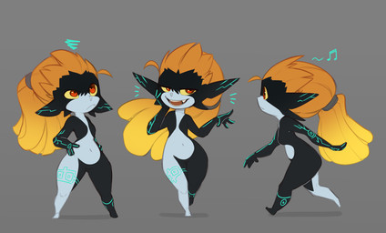 black_body blue_markings breasts ears_down eyelashes featureless_breasts featureless_crotch female female_humanoid front_view grey_background grey_body hair hand_on_hip humanoid_pointy_ears looking_at_viewer markings navel open_mouth open_smile orange_eyes orange_hair pivoted_ears pointy_ears ponytail shortstack shortstack_female side_view simple_background small_breasts smile snaggle_tooth solo thick_thighs wide_hips yellow_sclera huffslove nintendo the_legend_of_zelda twilight_princess midna humanoid imp twili 2022 digital_media_(artwork) hi_res