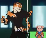 anthro bottomwear bottomwear_down clothed clothing countershading duo male pants pants_down partially_clothed public_transportation shorts subway suit underwear wardrobe_malfunction zootopia_shorts that_kei_guy disney zootopia tiger_dancer_(zootopia) domestic_pig felid mammal pantherine suid suine sus_(pig) tiger digital_media_(artwork)