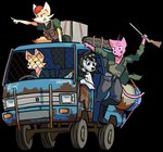 ambiguous_gender anthro black_hair border car clothing countershading dipstick_tail driving female fur glistening glistening_body green_clothing group gun hair head_tuft holding_object holding_weapon inner_ear_fluff inside_car inside_vehicle male markings on_car outline pink_body pink_fur post-apocalyptic pupils ranged_weapon red_hair red_inner_ear_fluff red_pupils rust shotgun simple_background tail tail_markings text thick_tail transparent_background transparent_border tuft vehicle weapon white_body white_fur yellow_body yellow_fur daleport996 nintendo pokemon joey_(daleport996) sinkdog braixen canid canine canis domestic_cat domestic_dog felid feline felis fennec_fox fennekin fox generation_6_pokemon hybrid mammal pokemon_(species) true_fox 2025 aliasing alpha_channel artist_name binary_drawing cel_shading digital_drawing_(artwork) digital_media_(artwork) hi_res shaded signature