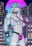 anthro biceps blue_body blue_fur bulge city cityscape clothed clothing collar fingerless_gloves fur gloves hair handwear jockstrap jockstrap_only leash leashed_collar looking_at_viewer male muscular muscular_anthro muscular_male neon_lights nipples pecs pink_nipples pose simple_background solo standing tail topless topless_male underwear underwear_only pistacho brand_new_animal studio_trigger shirou_ogami canid canine canis mammal wolf absurd_res digital_media_(artwork) hi_res pinup