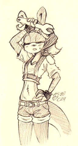 anthro bottomwear clothing eyes_closed female fingerless_gloves gloves hand_on_hip handwear shirt shorts solo standing tank_top tired tools topwear wrench soulcentinel violetechoes jak_and_daxter naughty_dog sony_corporation sony_interactive_entertainment tess_(jak_and_daxter) mammal mustelid ottsel hi_res monochrome sketch traditional_media_(artwork)