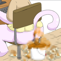 ambiguous_gender anthro anus bottomless brown_clothing bucket butt chair clothed clothing computer_keyboard computer_monitor container desk excessive_feces feces fur furniture on_chair partially_clothed pink_body pink_fur pink_tail pooping raised_tail rear_view simple_background sitting sitting_on_chair smelly solo stink_fumes table tail toilet_paper trash yellow_clothing toilet_paper_(pixiv) felid feline mammal 1:1 2026 censored digital_media_(artwork) mosaic_censorship