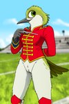 anthro boots bottomless casual_exposure clothed clothing conductor exhibitionism female footwear genitals knee_highs legwear marching_band marching_band_uniform outside pussy shoes solo stick uniform fish_birb sarah_(fish_birb) apodiform avian bird hummingbird absurd_res hi_res