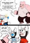2017 4_fingers absurd_res animate_inanimate anthro bendy_straw bodily_fluids clothed clothing comic container cup cuphead_(character) cuphead_(game) dialogue digital_media_(artwork) domestic_pig drinking_straw english_text fingers for_a_head gloves group handwear hi_res humanoid knife larger_male male mammal marl-pigface mugman object_head overweight overweight_male size_difference smaller_male suid suina sus_(pig) sweat text wallet