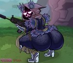 anthro arm_tuft armored_boots armored_gloves bandage big_butt bottom_heavy butt cat_smile crouching empty_eyes eye_scar facial_scar female fur grass gun hip_tuft holding_gun holding_object holding_ranged_weapon holding_weapon huge_butt looking_at_viewer looking_back looking_back_at_viewer obscured_face plant purple_body purple_fur purple_hood ranged_weapon rear_view scar shoulder_tuft solo thick_thighs tuft weapon white_eyes wide_hips veilzebub epic_games fortnite raven_team_leader bear mammal hi_res