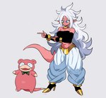 andoid_21 breasts clothing duo ear_piercing ear_ring female footwear hair humanoid_pointy_ears jewelry long_hair piercing pink_body pink_skin pointy_ears ring_piercing simple_background smile tail white_hair corelessmoter dragon_ball dragon_ball_fighterz nintendo pokemon majin_android_21 alien alien_humanoid generation_1_pokemon humanoid majin pokemon_(species) slowpoke crossover