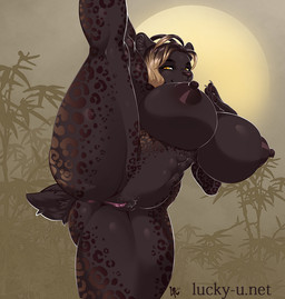 abs anthro anus areola big_areola big_breasts black_areola black_body black_fur black_nipples blonde_hair breasts clitoris crotch_tuft dark_areola dark_nipples female flexible fur genitals hair heart_symbol huge_breasts markings melanistic nipples nude one_leg_up pubes puffy_areola raised_leg solo splits spots spotted_body spotted_fur spread_legs spreading standing thick_thighs tuft vertical_splits vulva yellow_eyes luckypan selena_(baelfire117) felid leopard mammal pantherine prehistoric_species saber-toothed_tiger 2020 digital_media_(artwork) shaded