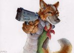 5_fingers anthro canine_nose claws clothed_male clothing dipstick_tail fingers fluffy fluffy_tail front_view fur green_clothing green_eyes green_shirt green_topwear gun handgun holding_gun holding_handgun holding_object holding_pistol holding_ranged_weapon holding_weapon kerchief male markings neckerchief neckwear orange_body orange_fur pistol pointing_gun_at_viewer ranged_weapon red_kerchief red_neckerchief shirt simple_background smile solo tail tail_markings tan_tail_tip topwear vest weapon whisker_spots whiskers white_background white_clothing white_topwear white_vest akatan_art nintendo star_fox fox_mccloud canid canine fox mammal acrylic_painting_(artwork) half-length_portrait hi_res portrait signature traditional_media_(artwork)